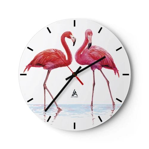 Falióra, Óra - Két rózsaszín flamingó áll a vízben - 30x30cm - Rozsaszín randez-vous - Modern fali dekoráció nappalihoz, konyhához és hálószobához ARTTOR