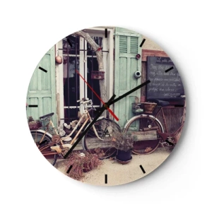 Falióra, Óra - Retro biciklik zöld redőnyök előtt - 30x30cm - Éljen a tartomány - Modern fali dekoráció nappalihoz, konyhához és hálószobához ARTTOR