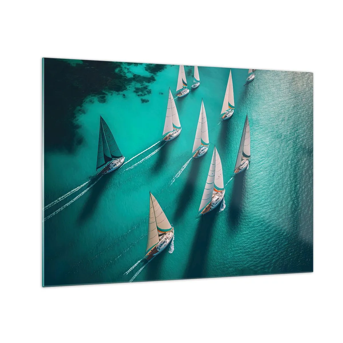 Üveg kép - Vitorlások türkizkék vízen madártávlatból - 70x50cm - Versengés a széllel - Modern fali dekoráció nappalihoz és hálószobához ARTTOR