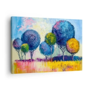 Vászonkép - Színes, gömb alakú fák a táj hátterében - 70x50cm - Gömb - az ideális alak - Modern fali dekoráció nappalihoz és hálószobához ARTTOR