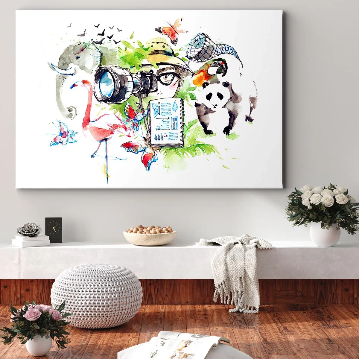 Vászonkép - Színes grafika természettel és szafari témákkal - 70x50cm - Az utazó lencséjében - Modern fali dekoráció nappalihoz és hálószobához ARTTOR