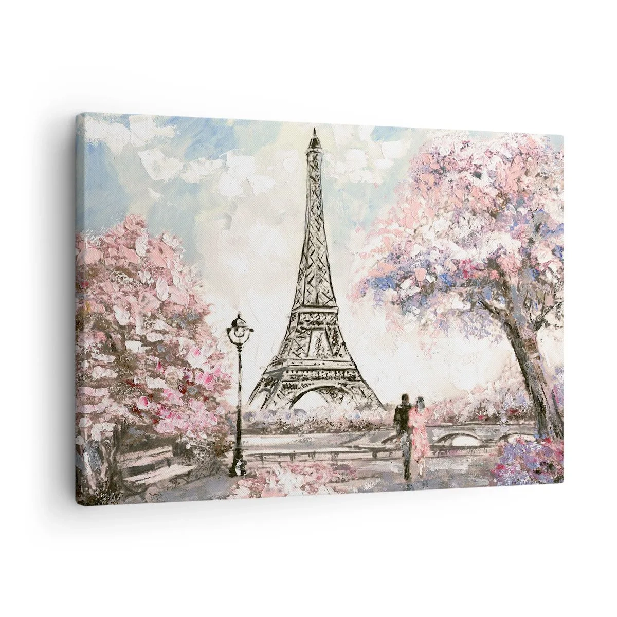 Vászonkép - Az Eiffel-torony virágzó fákkal körülvéve - 70x50cm - Áprilisi séta Párizsban - Modern fali dekoráció nappalihoz és hálószobához ARTTOR