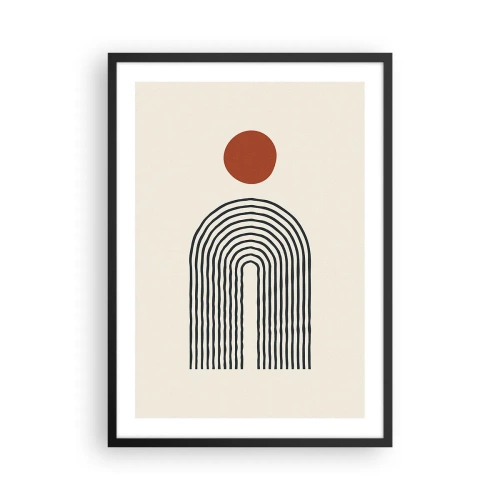 Poszter fehér keretben - Geometriai absztrakció lineáris ívvel és piros körrel. - 50x70cm - Formák és színek vonzalma - Modern fali dekoráció nappalihoz és hálószobához ARTTOR