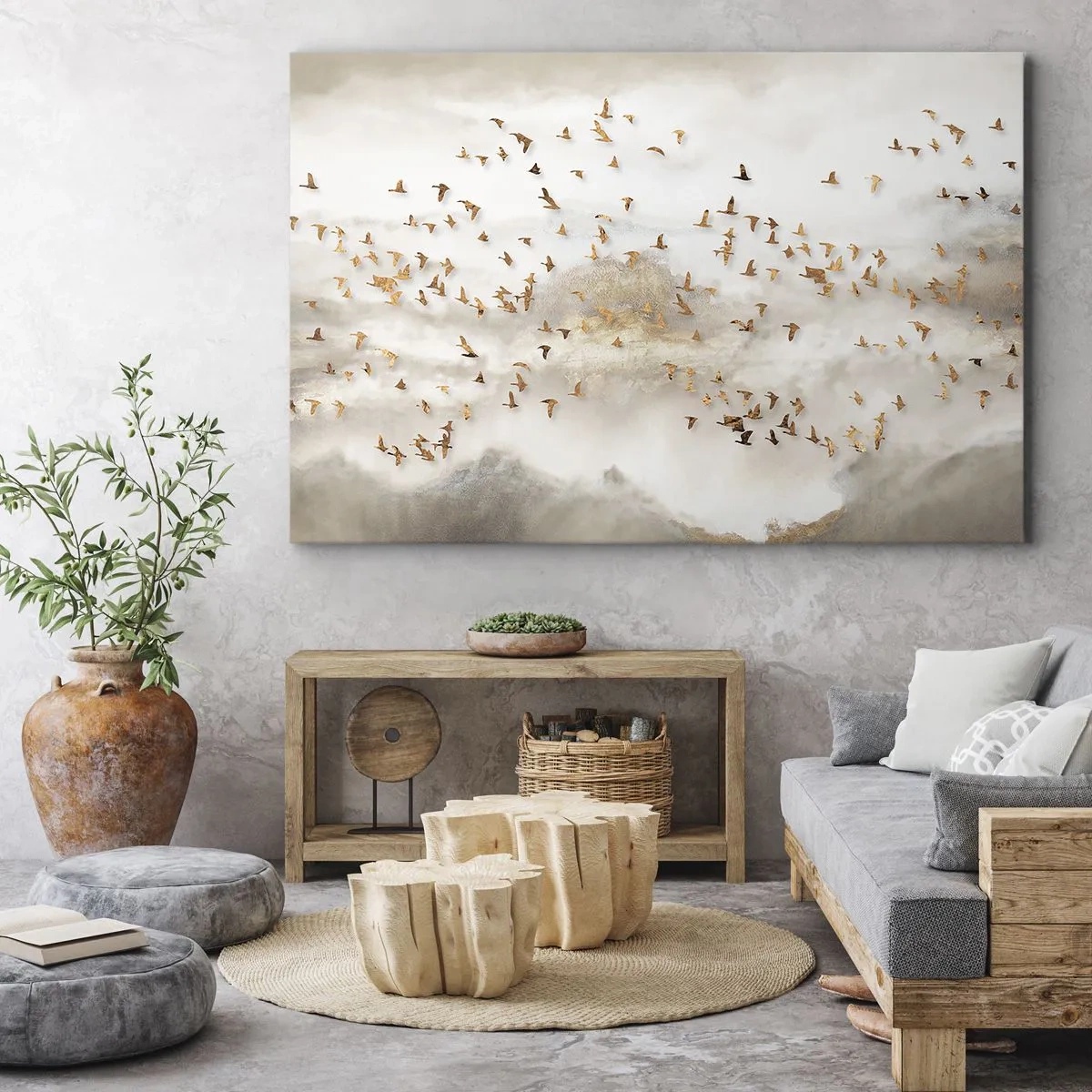 Vászonkép - Aranymadarak a ködös hegyek hátterében - 70x50cm - Itt az idő... - Modern fali dekoráció nappalihoz és hálószobához ARTTOR