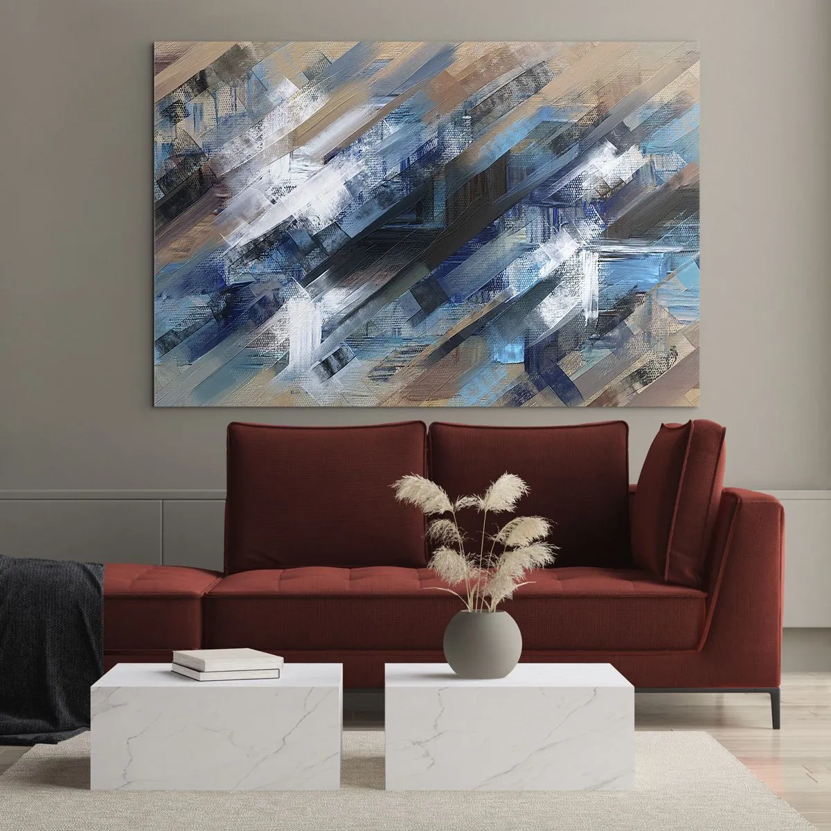 Üveg kép - Absztrakt átlós csíkok kék, fehér és bézs árnyalatokban - 70x50cm - Kék ferdén - Modern fali dekoráció nappalihoz és hálószobához ARTTOR