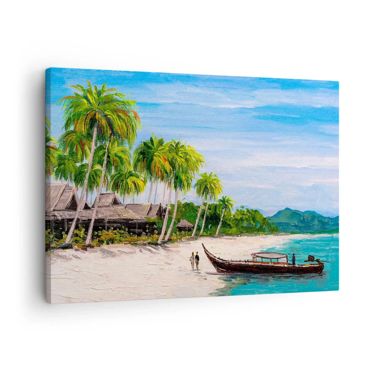 Vászonkép - Egy egzotikus strand pálmafákkal és egy hajóval a parton - 70x50cm - Egy egzotikus álom - Modern fali dekoráció nappalihoz és hálószobához ARTTOR