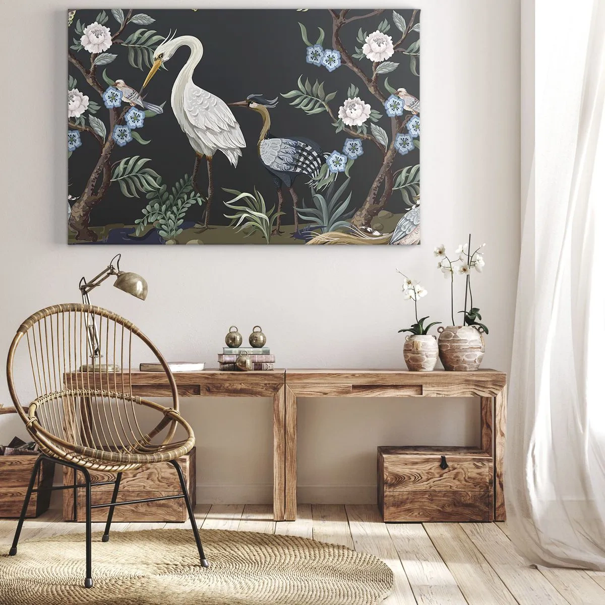 Vászonkép - Sötét alapon, elegáns mintával festett madarak és növények - 70x50cm - Madar parádé - Modern fali dekoráció nappalihoz és hálószobához ARTTOR