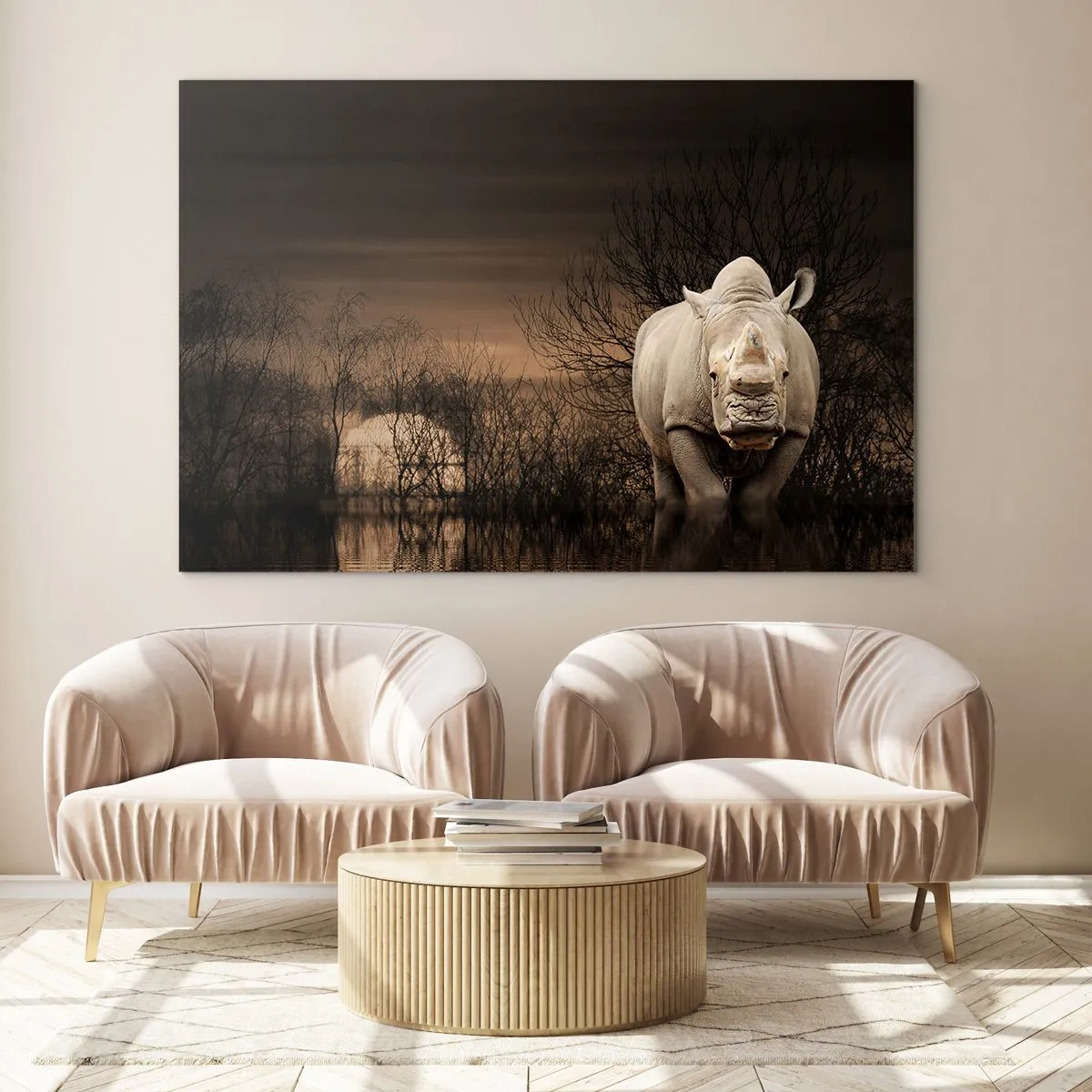 Üveg kép - Orrszarvú a lenyugvó nap ellen - 70x50cm - Fehér a természet ellen - Modern fali dekoráció nappalihoz és hálószobához ARTTOR