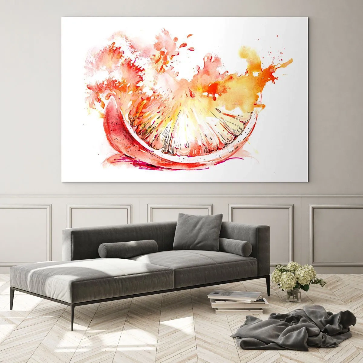 Üveg kép - Akvarell festmény egy lédús grapefruit szegmensről mozgásban - 70x50cm - Lédús frissítés - Modern fali dekoráció nappalihoz és hálószobához ARTTOR