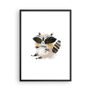 Poszter fehér keretben - Egy rajz egy mosómedvéről, amely sálat visel és egy csésze teát tart a kezében. - 50x70cm - A barátom a mosómedve - Modern fali dekoráció nappalihoz és hálószobához ARTTOR