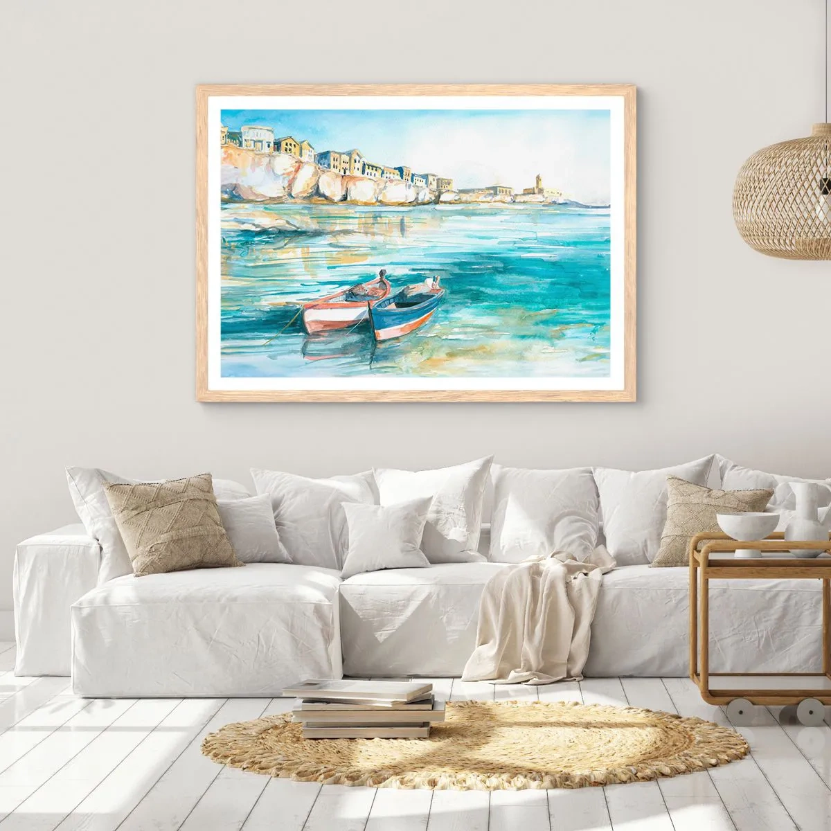 Poszter világos tölgy keretben - Tájkép azúrkéken - 70x50 cm