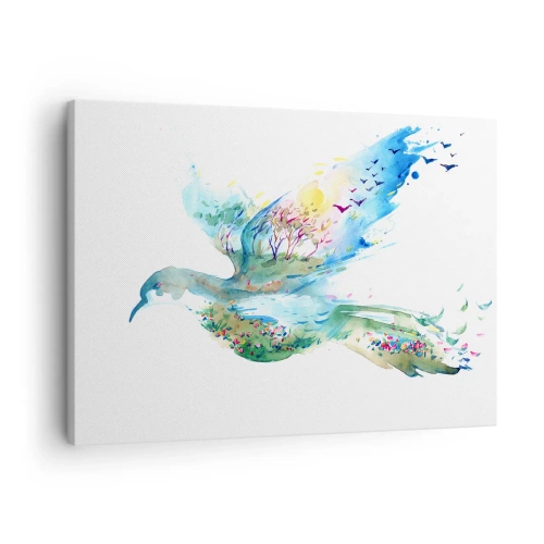 Vászonkép - Akvarell madár kompozíciója természeti elemekkel - 70x50cm - A természet szárnyain - Modern fali dekoráció nappalihoz és hálószobához ARTTOR