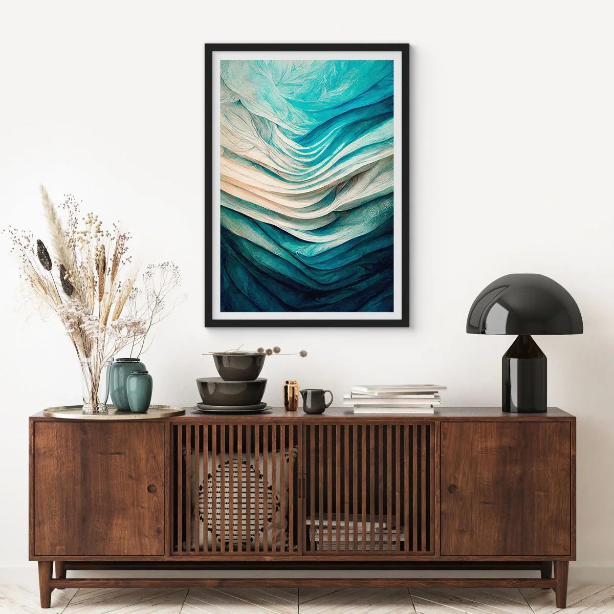 Poszter fehér keretben - Kék és bézs árnyalatú hullámok absztrakt kompozíciója - 50x70cm - Kék telhetetlenség - Modern fali dekoráció nappalihoz és hálószobához ARTTOR