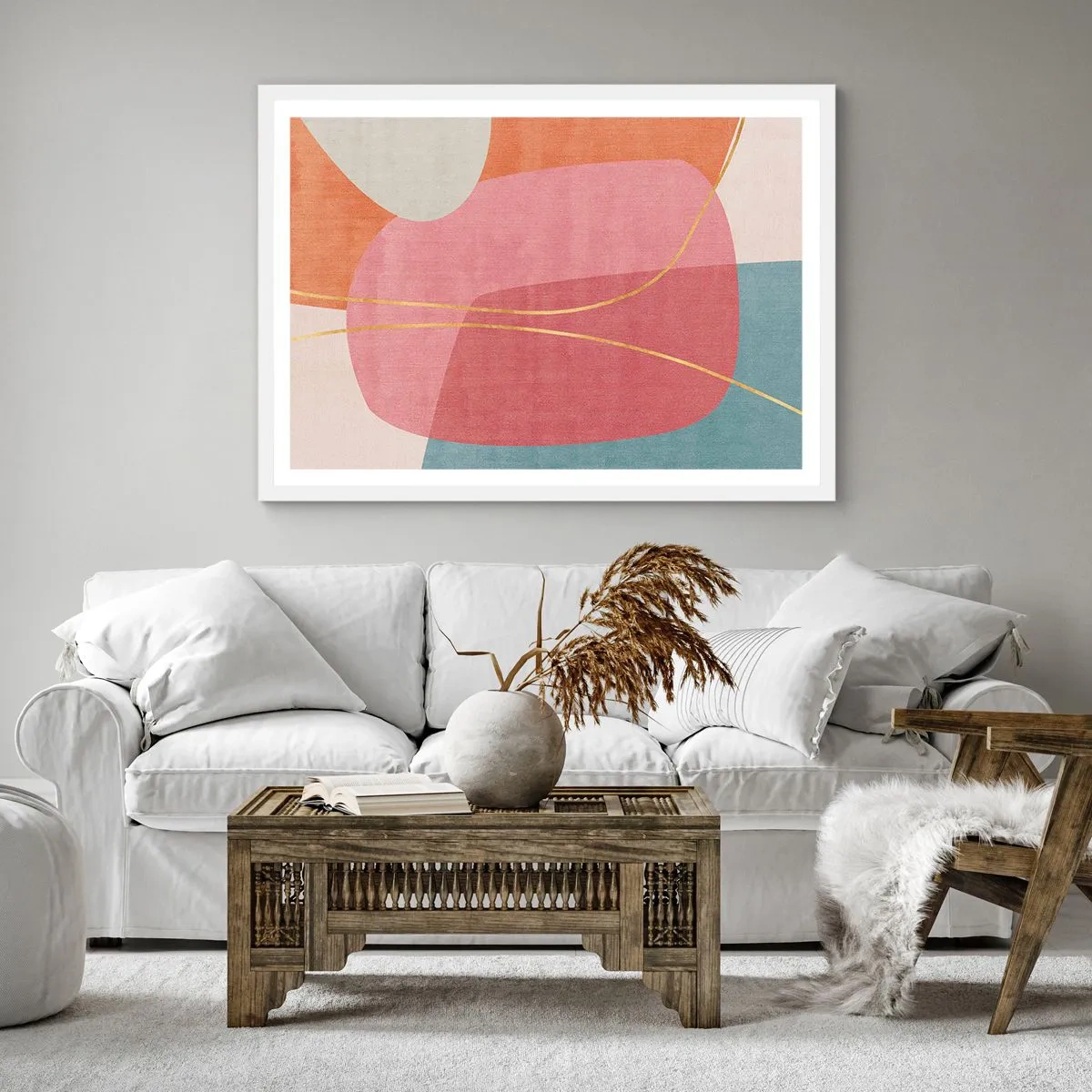 Poszter fekete keretben - Pasztell kompozíció aranyszálakkal - 60x60 cm