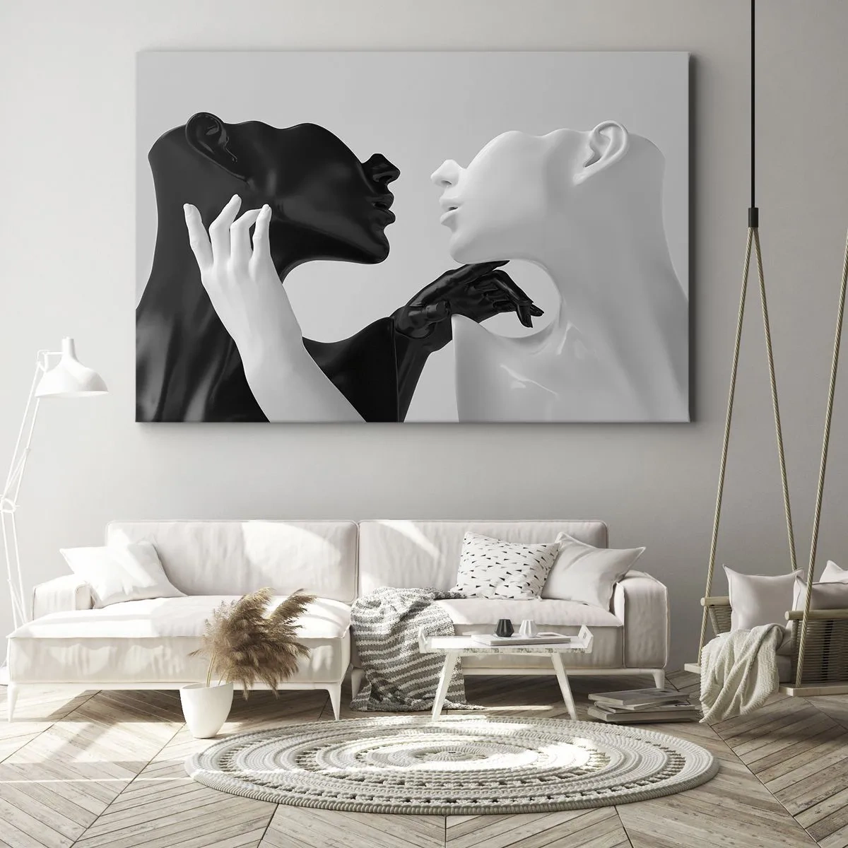 Vászonkép - Fekete-fehér sziluettek dinamikus közeli felvételen - 70x50cm - Vonzás - Vágy - Modern fali dekoráció nappalihoz és hálószobához ARTTOR