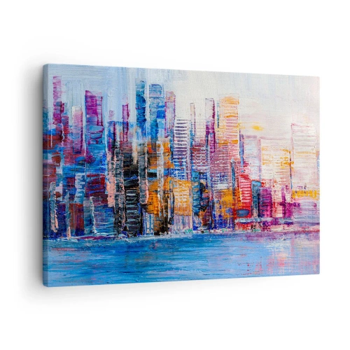 Vászonkép - A város színes panorámája tükröződésekkel a vízen - 70x50cm - Egy vidám metropolisz - Modern fali dekoráció nappalihoz és hálószobához ARTTOR
