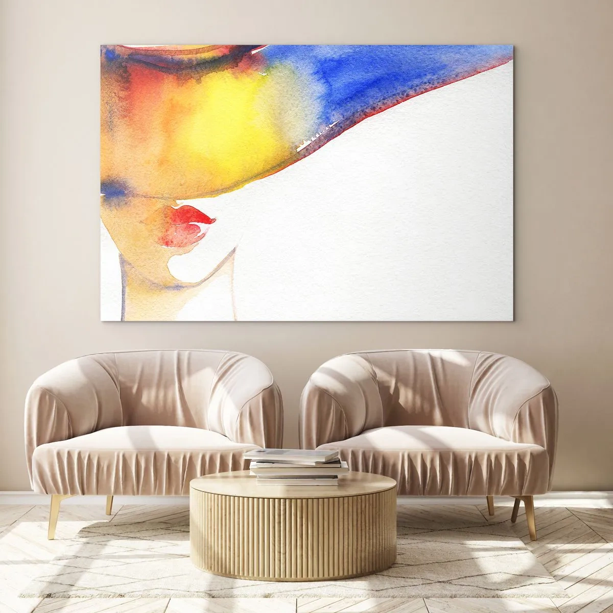 Üveg kép - Nő portréja színes akvarell absztrakcióban - 70x50cm - Egy hölgy portréja - Modern fali dekoráció nappalihoz és hálószobához ARTTOR