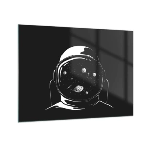 Üveg kép - Űrhajós, csillagokkal és bolygókkal a sisakjában, fekete háttéren - 70x50cm - Szép kilátás - Modern fali dekoráció nappalihoz és hálószobához ARTTOR