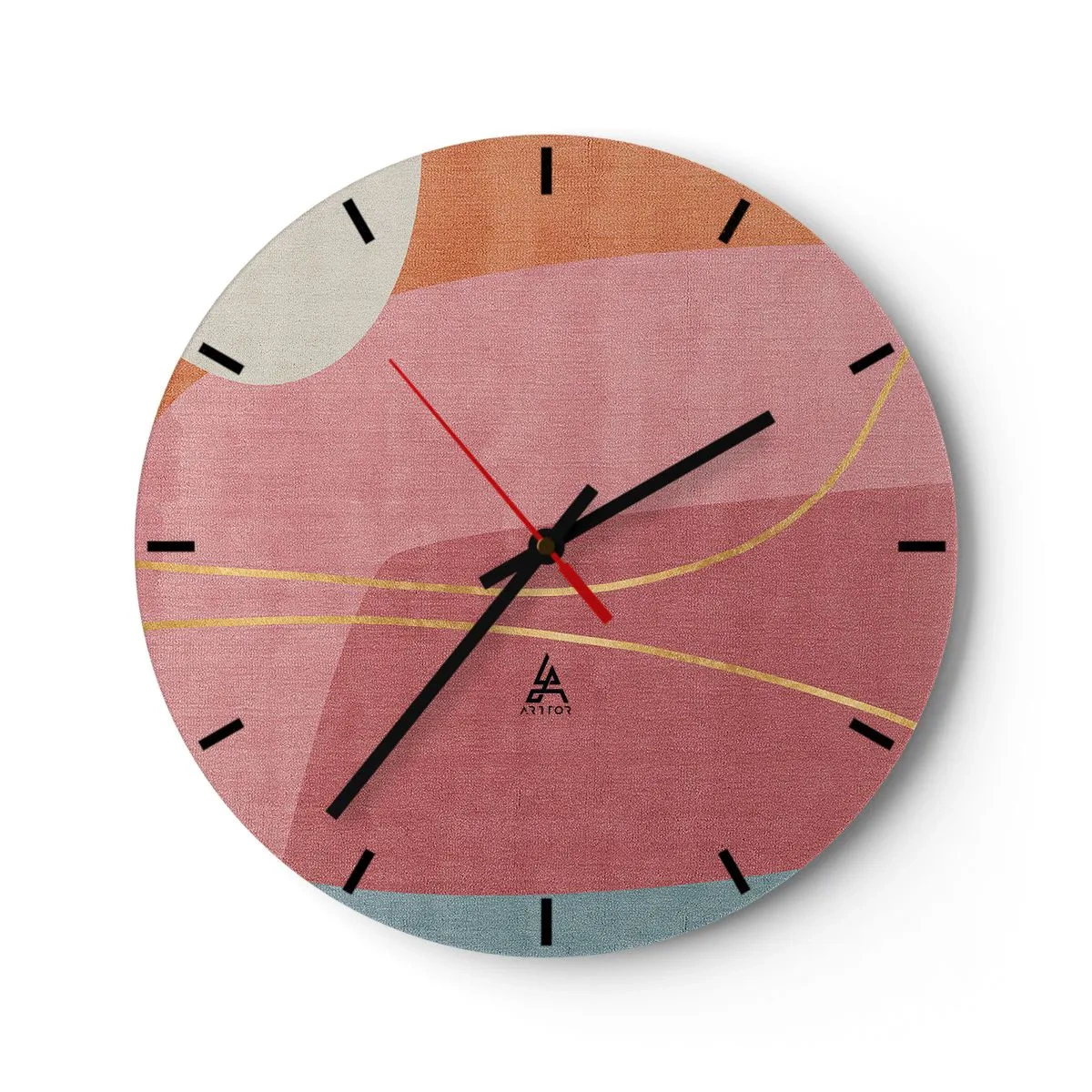 Falióra, Óra - Pasztell formák rózsaszín és arany vonalakkal a háttérben - 30x30cm - Pasztell kompozíció aranyszálakkal - Modern fali dekoráció nappalihoz, konyhához és hálószobához ARTTOR