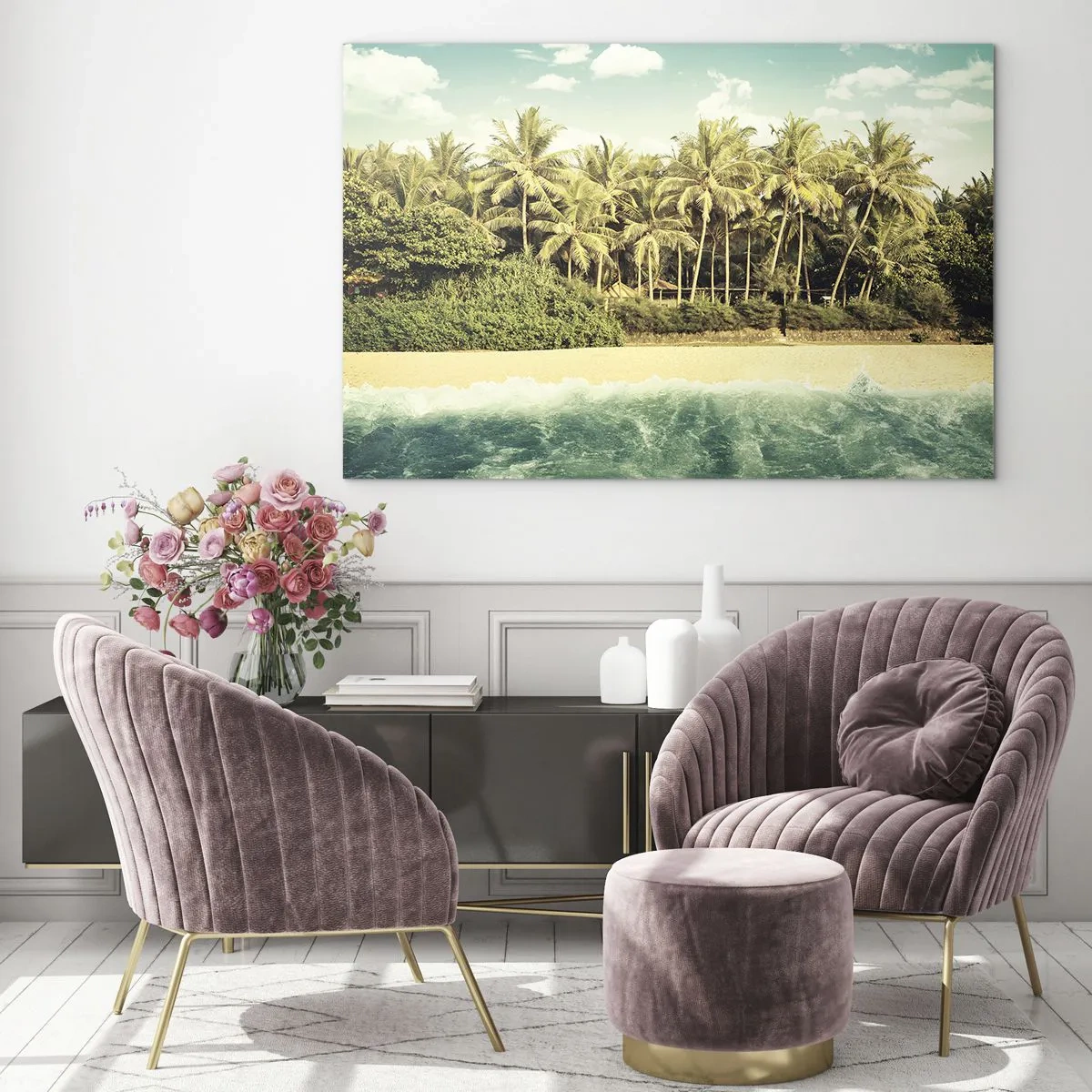 Üveg kép - Egy egzotikus tengerpart pálmafákkal és türkizkék tengerrel egy napsütéses napon - 70x50cm - Talán itt? - Modern fali dekoráció nappalihoz és hálószobához ARTTOR