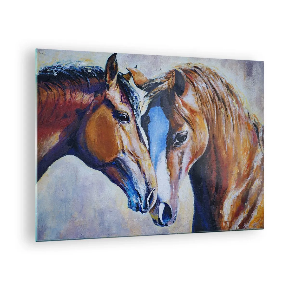 Üveg kép - Két ló gyengéden közeledik egymáshoz - 70x50cm - Ez barátság? Vagy szerelem - Modern fali dekoráció nappalihoz és hálószobához ARTTOR
