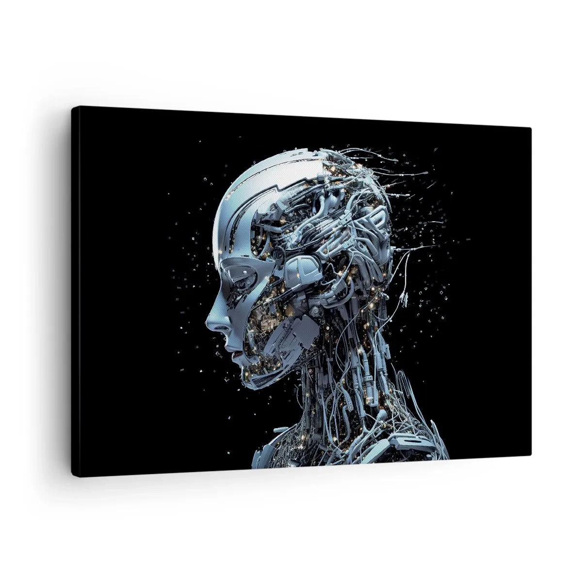 Vászonkép - Futurisztikus portré egy kiborgról ipari stílusban, fekete háttérrel. - 70x50cm - A technológia egy nő - Modern fali dekoráció nappalihoz és hálószobához ARTTOR
