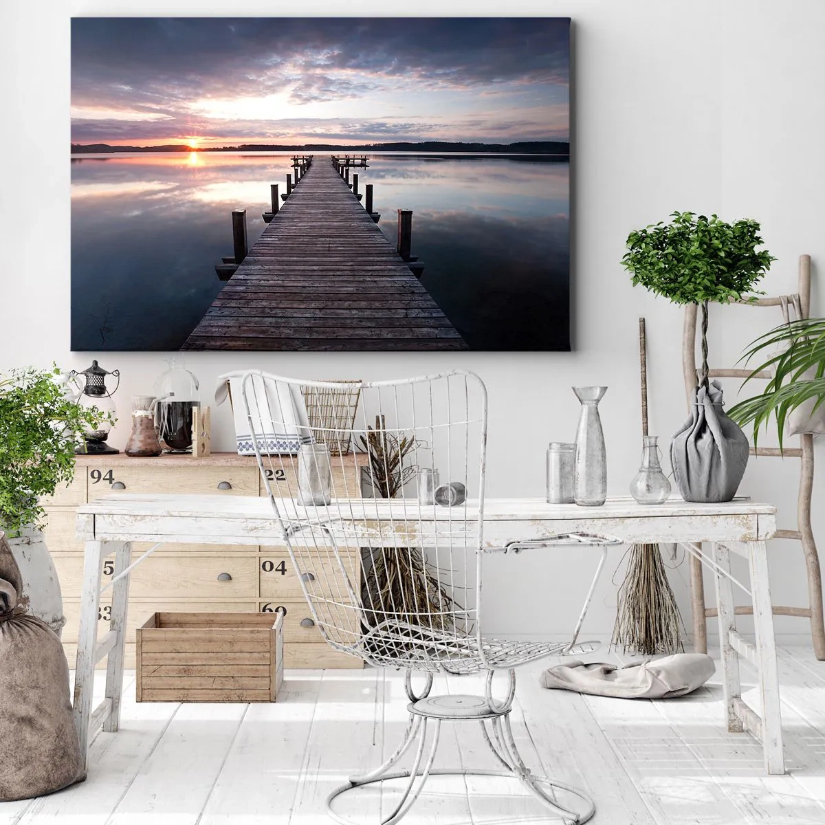 Vászonkép - Egy móló egy tavon naplementekor, békés tájban - 70x50cm - Csendes határ a nappal és az éjszaka között - Modern fali dekoráció nappalihoz és hálószobához ARTTOR
