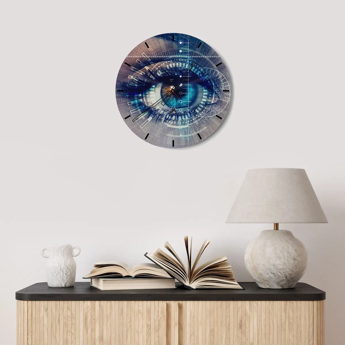 Falióra, Óra - Egy digitális grafikával körülvett szem - 30x30cm - Azt hiszed, hogy ismersz - Modern fali dekoráció nappalihoz, konyhához és hálószobához ARTTOR