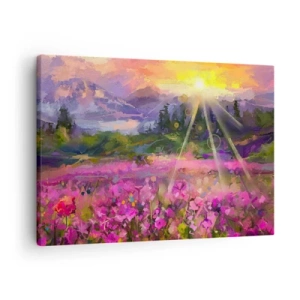 Vászonkép - Egy festői rét a lenyugvó nap sugaraiban - 70x50cm - A völgyben a nap védelme alatt - Modern fali dekoráció nappalihoz és hálószobához ARTTOR