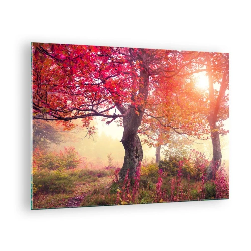 Üveg kép - Őszi erdő a reggeli napfény sugaraival - 70x50cm - Virágzás őrülete - Modern fali dekoráció nappalihoz és hálószobához ARTTOR