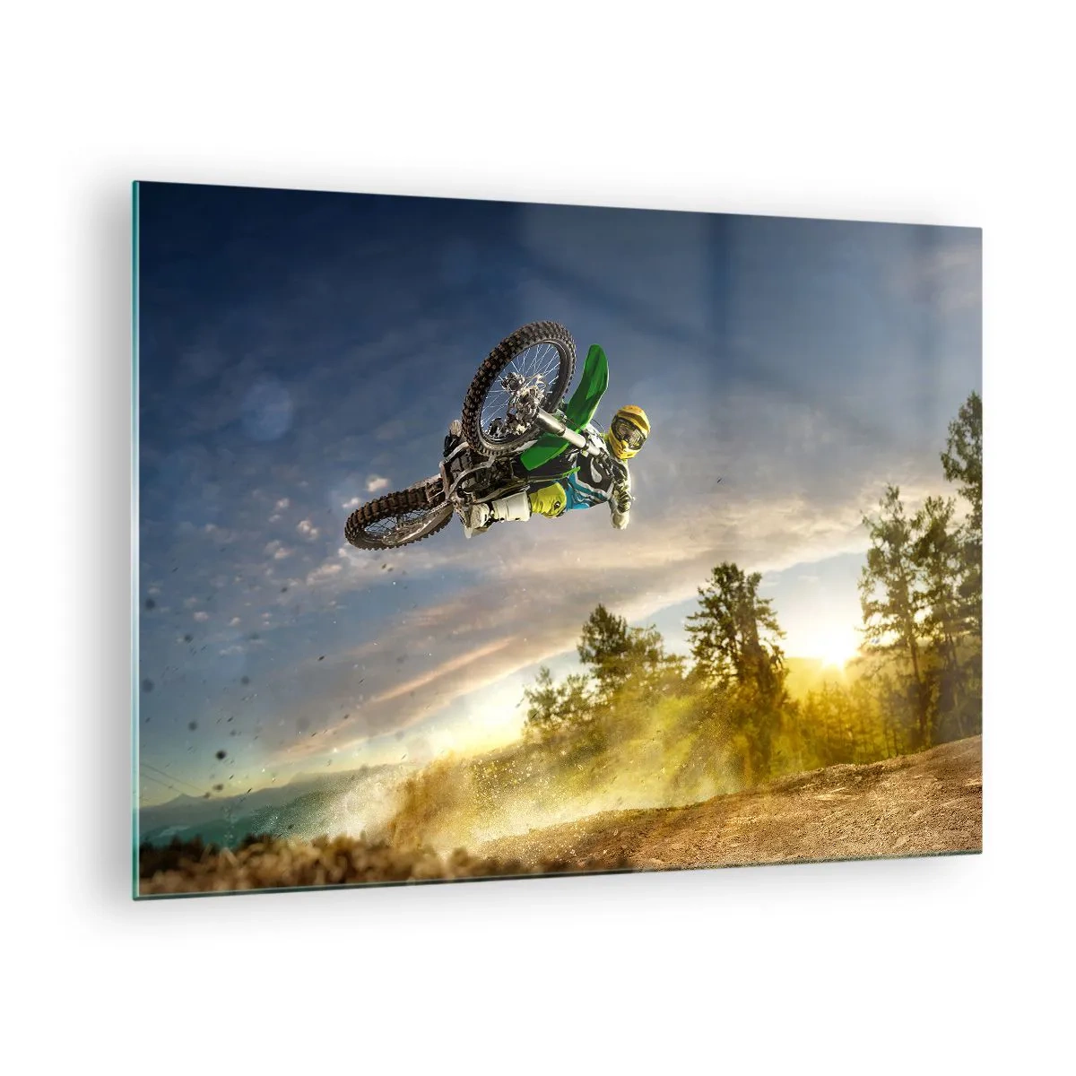 Üveg kép - Egy motoros akcióban a lenyugvó nap hátterében - 70x50cm - Kapcsold be az érzelmeket! - Modern fali dekoráció nappalihoz és hálószobához ARTTOR