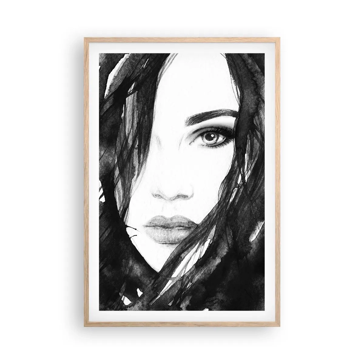 Poszter világos tölgy keretben - Fekete-fehér hölgy portréja - 61x91 cm
