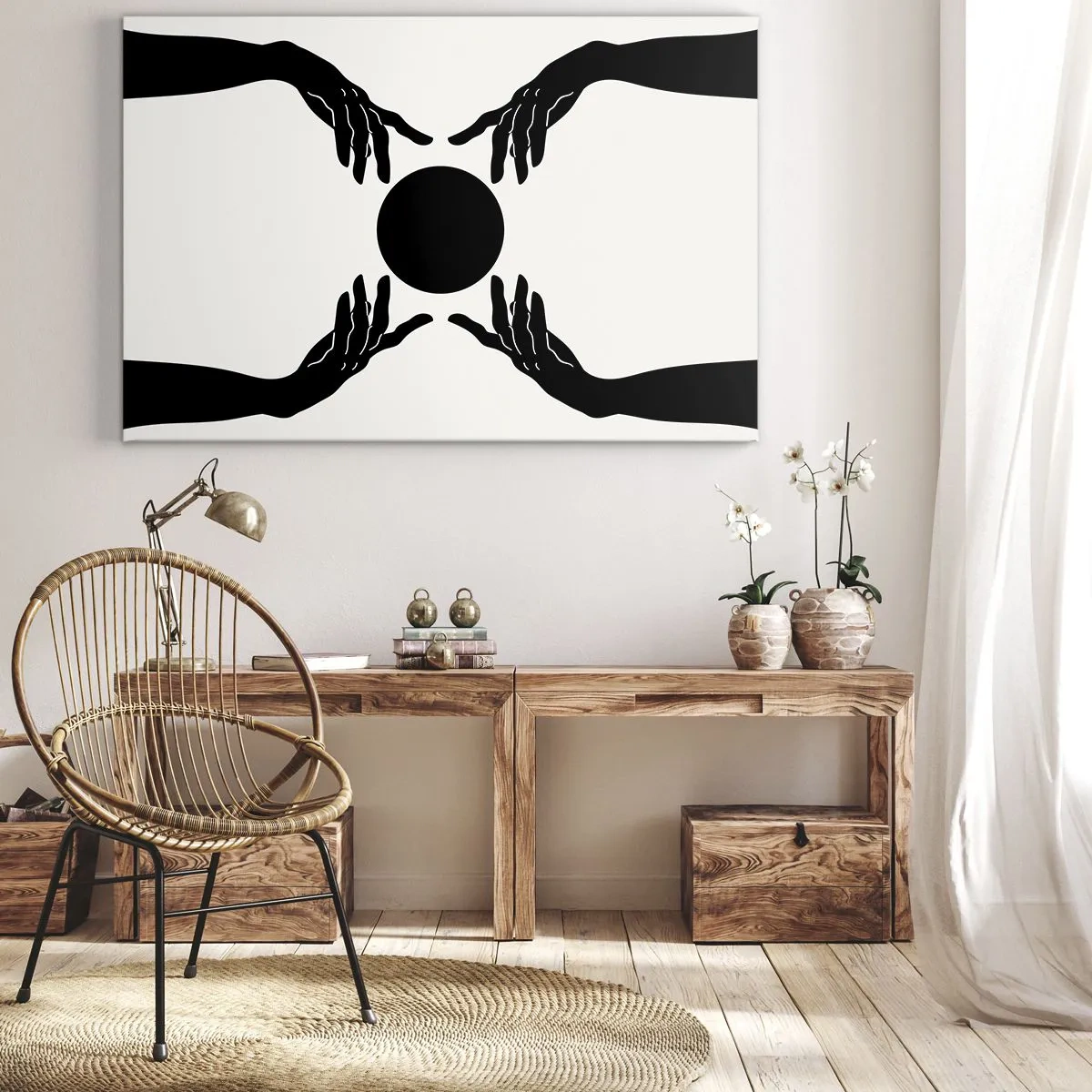 Vászonkép - Fekete kezek szimmetrikus kompozícióban egy labdával - 70x50cm - Egy titkos jel - Modern fali dekoráció nappalihoz és hálószobához ARTTOR