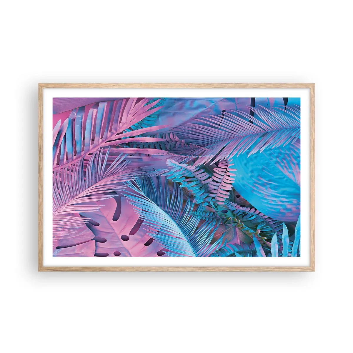 Poszter világos tölgy keretben - Trópusok rózsaszínben és kékben - 91x61 cm