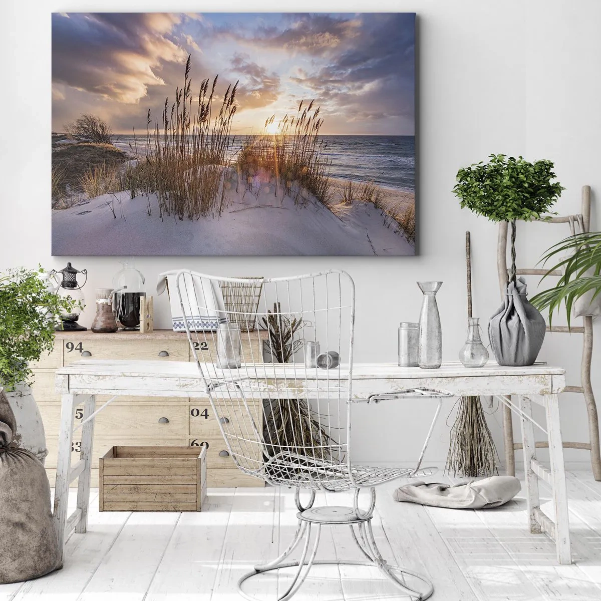 Vászonkép - Dűnék füves területekkel a lenyugvó nap hátterében - 70x50cm - Búcsú a naptól és a széltől - Modern fali dekoráció nappalihoz és hálószobához ARTTOR