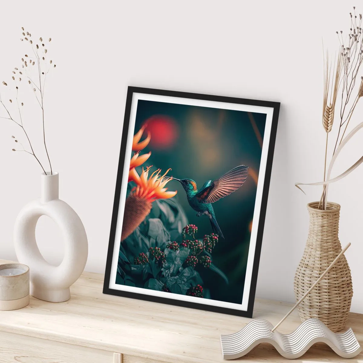 Poszter fehér keretben - Egy színes kolibri virágok közelében a zöld növényzet között - 50x70cm - Egy igazán színes élet - Modern fali dekoráció nappalihoz és hálószobához ARTTOR