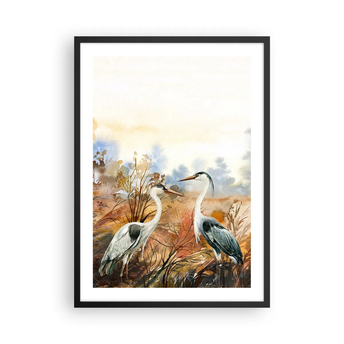 Poszter fehér keretben - Daruk az őszi táj hátterében akvarellben - 50x70cm - Hová ősszel? - Modern fali dekoráció nappalihoz és hálószobához ARTTOR