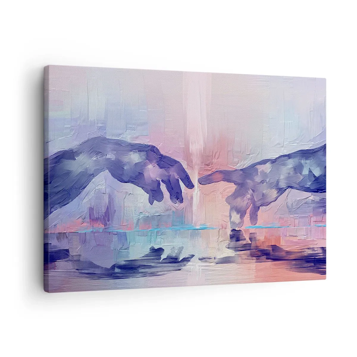 Vászonkép - Szimbolikus kezek absztrakt színekben, utalva a teremtés témájára - 70x50cm - Az élet isteni szikrája - Modern fali dekoráció nappalihoz és hálószobához ARTTOR