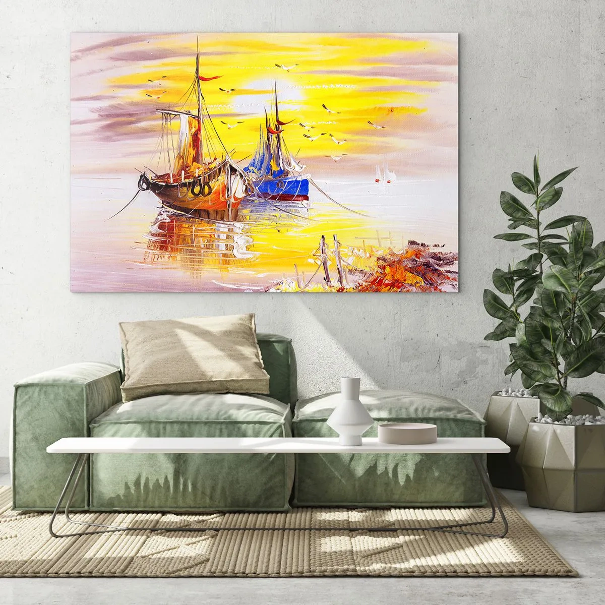 Üveg kép - Halászhajók naplementekor nyugodt vízen - 70x50cm - Megérdemelt pihenés a kikötőben - Modern fali dekoráció nappalihoz és hálószobához ARTTOR