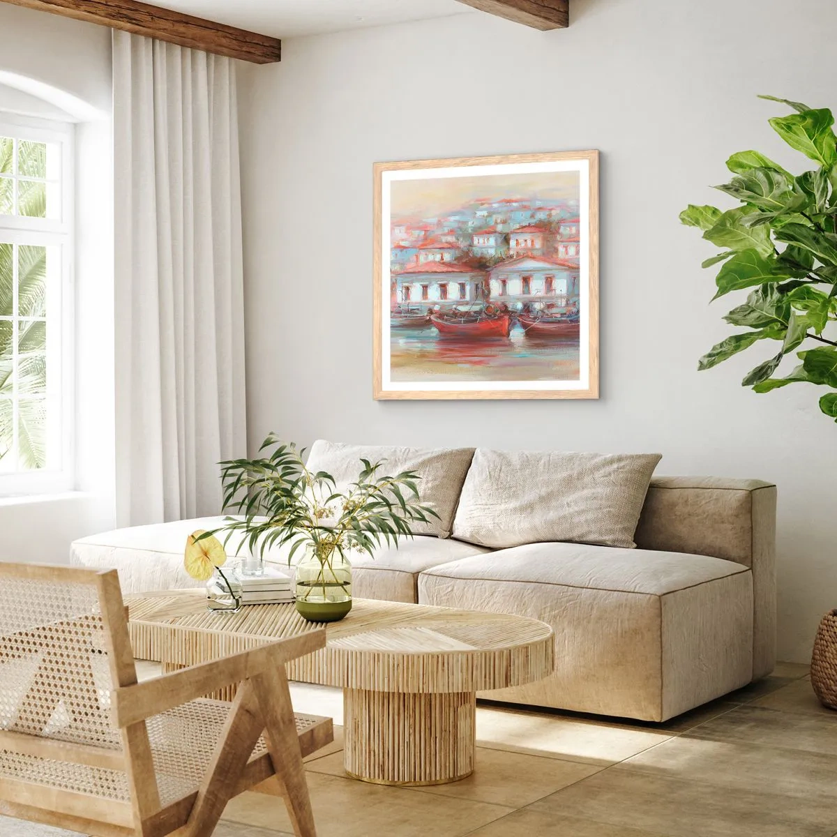 Poszter világos tölgy keretben - Boldog kisváros - 30x30 cm