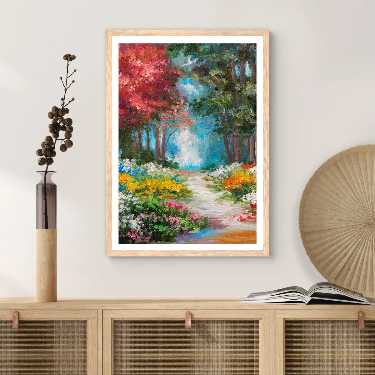 Poszter világos tölgy keretben - Erdei kert, virágos erdő - 61x91 cm