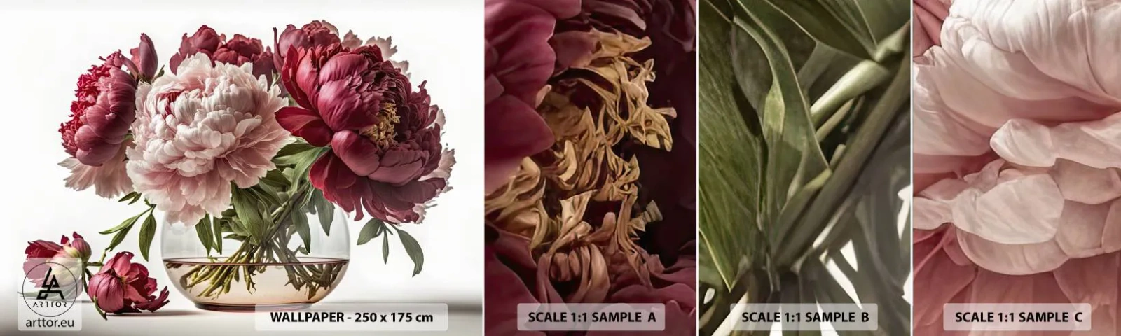 Fotótapéta Minta Standard Eco - A szépség teljes virágzásában - Csokor virág, Váza, Pünkösdi rózsa - 100x30 cm