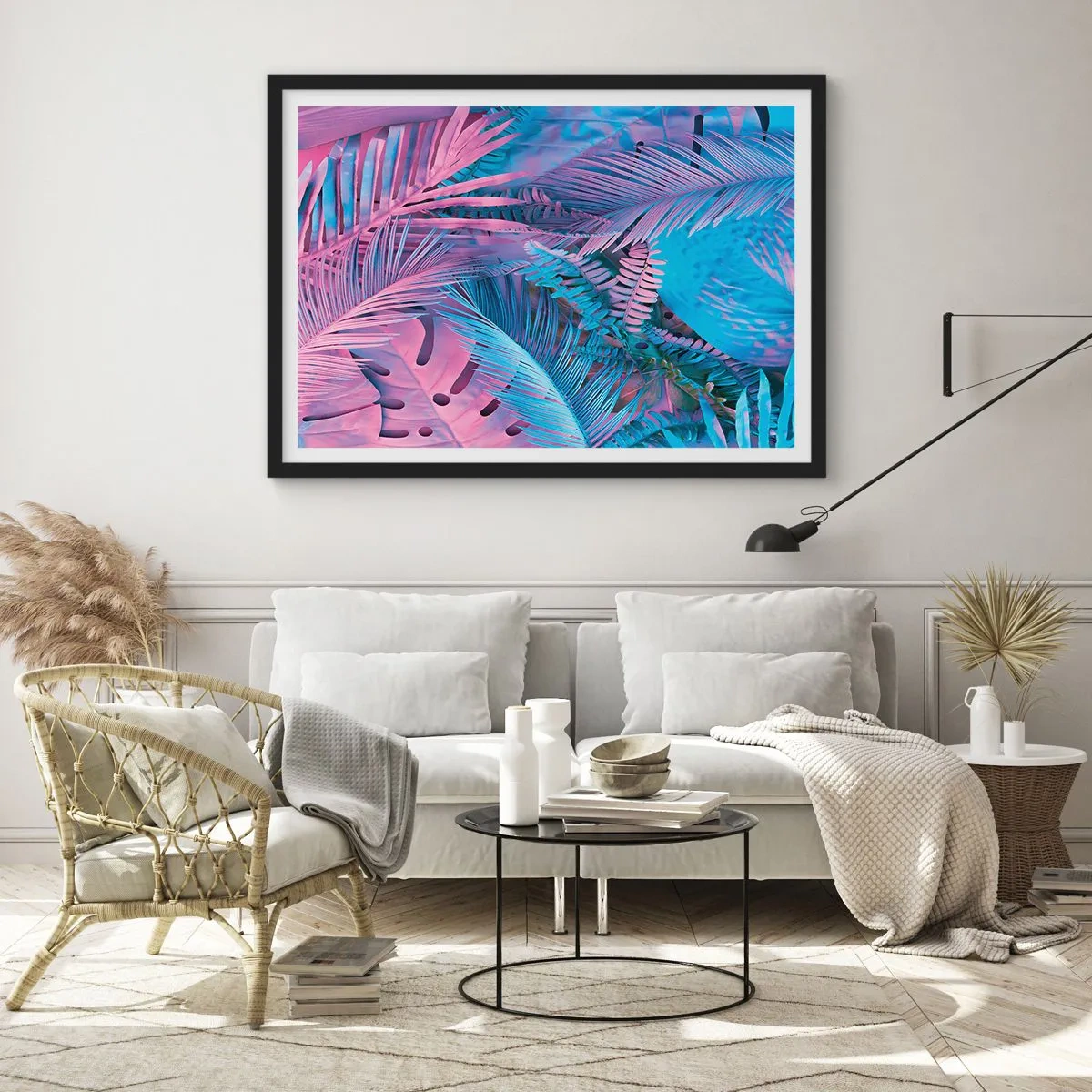 Poszter fehér keretben - Trópusok rózsaszínben és kékben - 100x70 cm