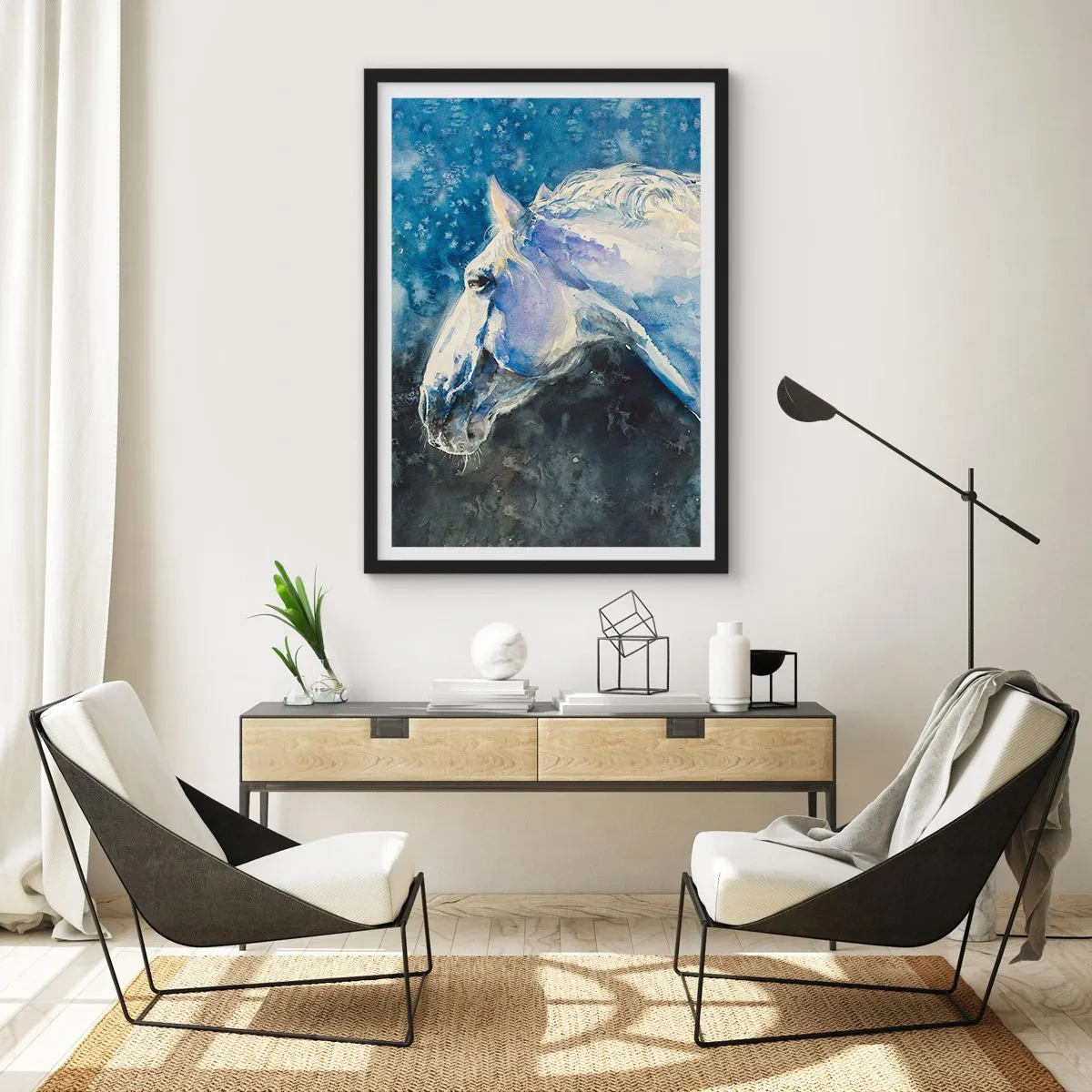 Poszter fehér keretben - Ló portréja kék akvarell árnyalatokban - 50x70cm - Portré kék fényben - Modern fali dekoráció nappalihoz és hálószobához ARTTOR