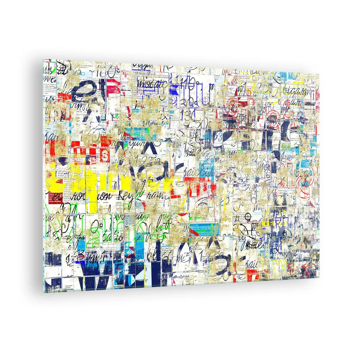 Üveg kép - Egy absztrakt kompozíció színek és feliratok keverékével. - 70x50cm - Egyszerűen tetszik a szemnek - Modern fali dekoráció nappalihoz és hálószobához ARTTOR