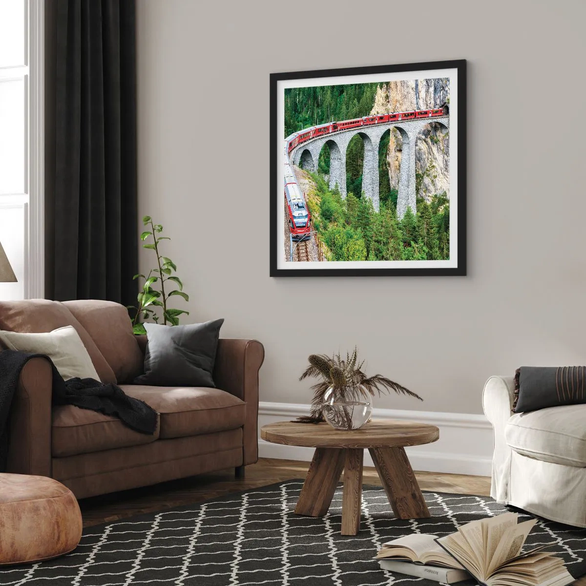 Poszter fehér keretben - Vasút hegyi kilátással - 60x60 cm