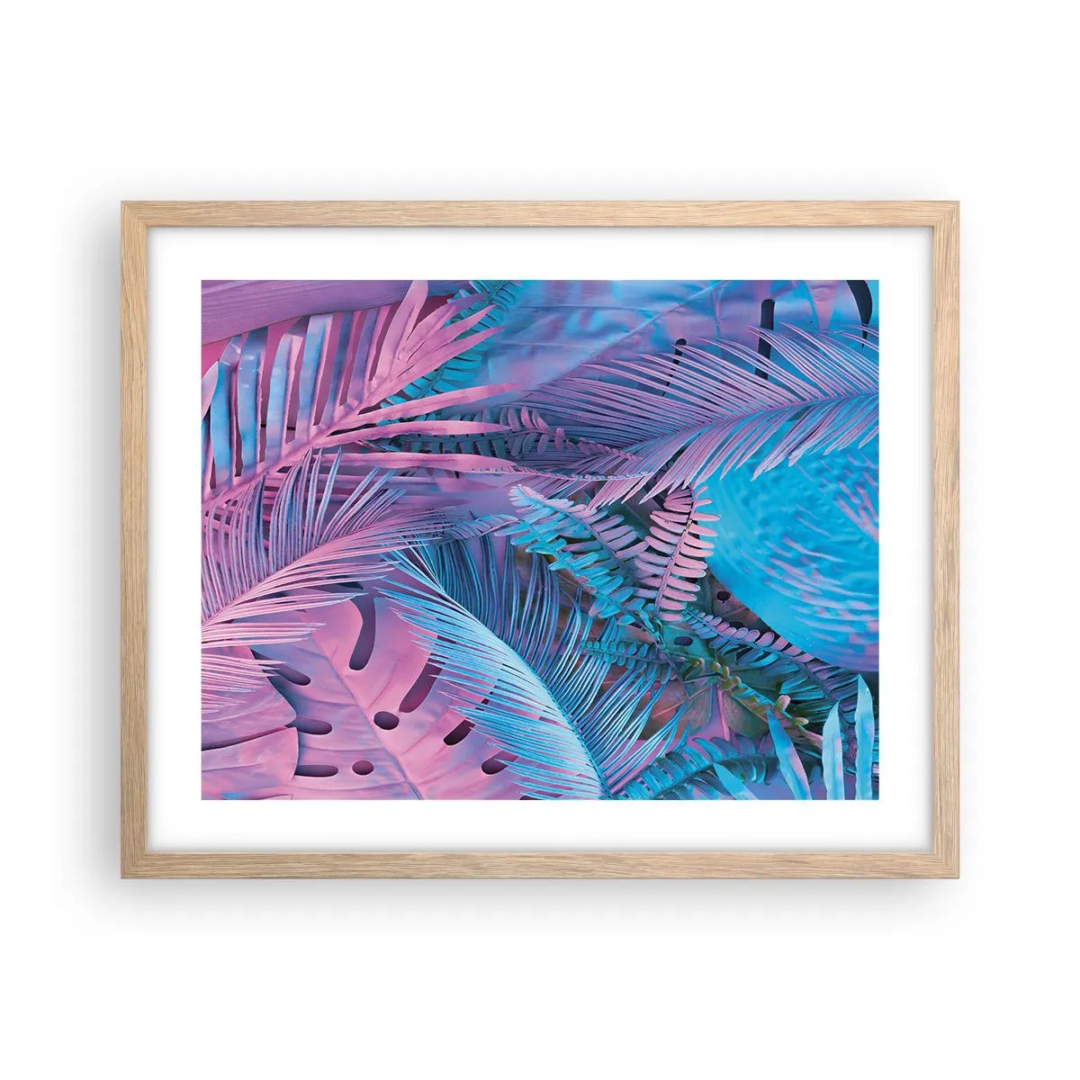 Poszter világos tölgy keretben - Trópusok rózsaszínben és kékben - 50x40 cm