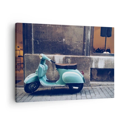 Vászonkép - Egy kőfalnak parkolt retró robogó - 70x50cm - Felejthetetlen hangulat - Modern fali dekoráció nappalihoz és hálószobához ARTTOR