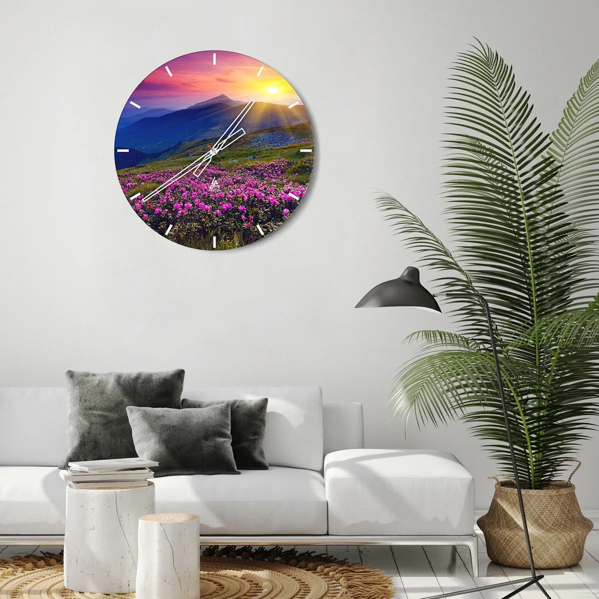 Falióra, Óra - Hegyi táj naplementekor virágzó virágokkal - 30x30cm - … És körülötte hegyi fenyő és gyógynövények illata - Modern fali dekoráció nappalihoz, konyhához és hálószobához ARTTOR