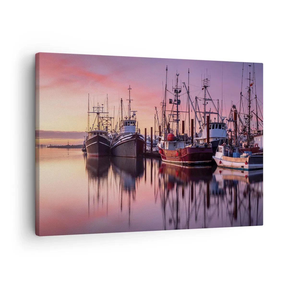 Vászonkép - Halászhajók a kikötőben naplementekor - 70x50cm - Másnap előtt - Modern fali dekoráció nappalihoz és hálószobához ARTTOR